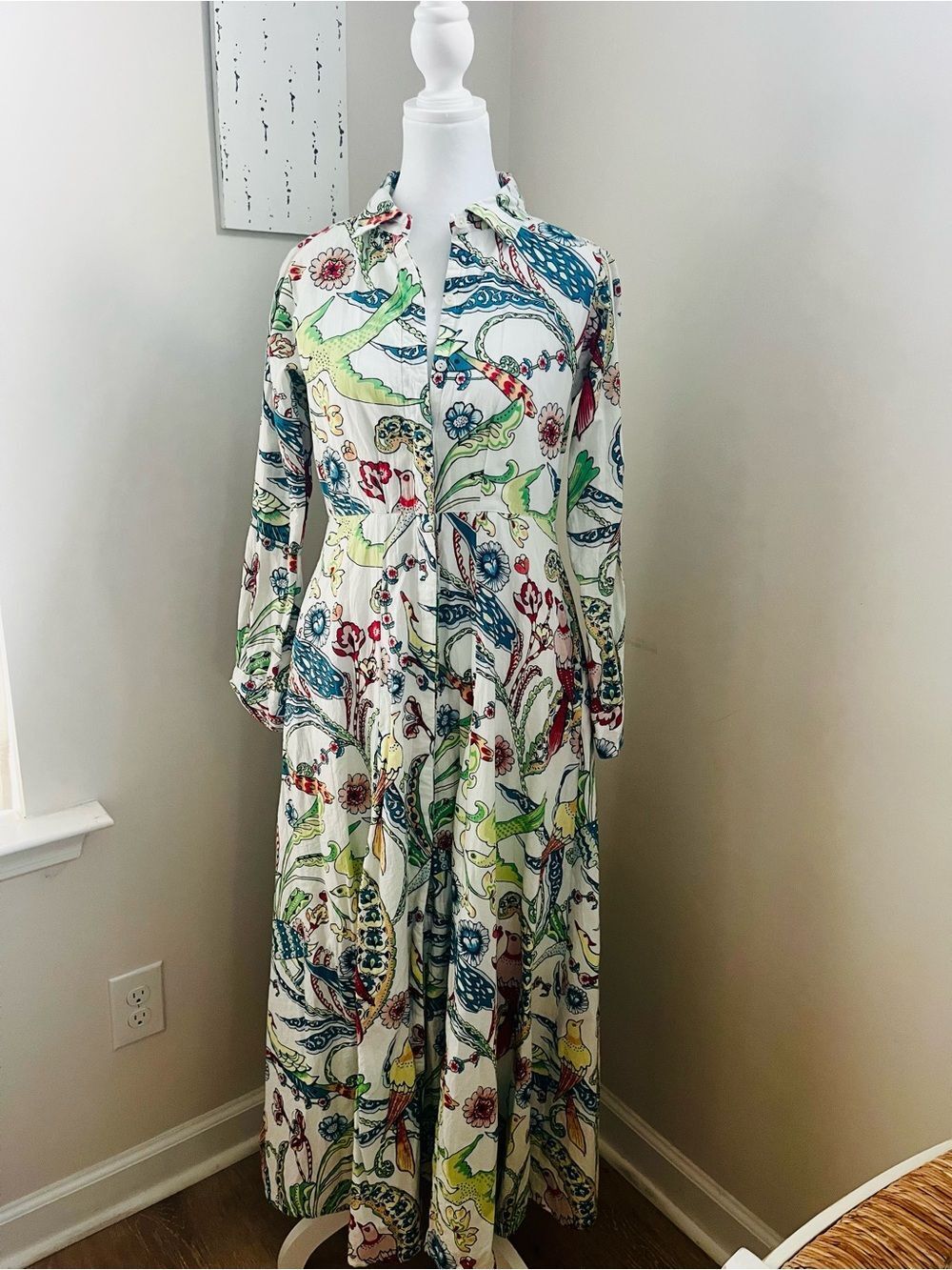 LIVRO Floral& Bird Print Button-Front Maxi Dress, fully lined with pockets; XS